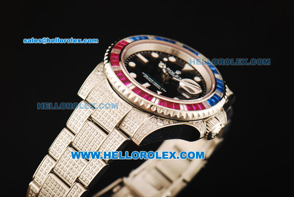 Rolex GMT-Master II Swiss ETA 2836 Automatic Movement Black Dial with Diamond Bezel and Diamond Strap - Click Image to Close